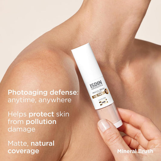 Isdinceutics Mineral Brush - For Photoaging Defense with Zinc Oxide and Titanium Oxide. Covering Discoloration and Targeting Uneven Skin Tone Caused by Blue Light Face Powder, 0.14 OZ