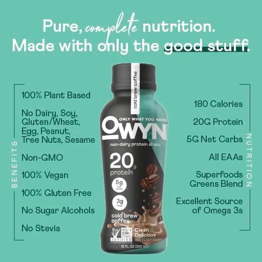 OWYN Only What You Need Vegan Plant Based Protein Shake, Cold Brew Coffee, 36 Pack, 20g Plant Protein, 148mg of Caffeine, Omega-3, Prebiotic Supplements, Gluten-Free, Soy-Free, Non-GMO