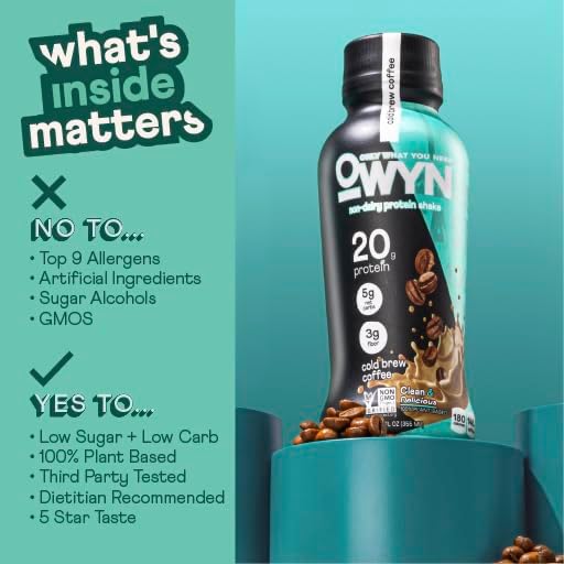 OWYN Only What You Need Vegan Plant Based Protein Shake, Cold Brew Coffee, 36 Pack, 20g Plant Protein, 148mg of Caffeine, Omega-3, Prebiotic Supplements, Gluten-Free, Soy-Free, Non-GMO