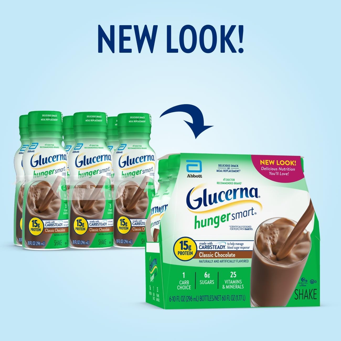 Glucerna Hunger Smart Diabetes Care Shake, Classic Chocolate, Diabetic Meal Replacement to Support Blood Sugar Management, 15g Protein, 180 Calories, Ready to Drink, 10-fl-oz Bottle, 6 Pack