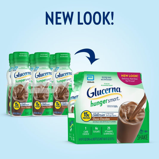 Glucerna Hunger Smart Diabetes Care Shake, Classic Chocolate, Diabetic Meal Replacement to Support Blood Sugar Management, 15g Protein, 180 Calories, Ready to Drink, 10-fl-oz Bottle, 6 Pack