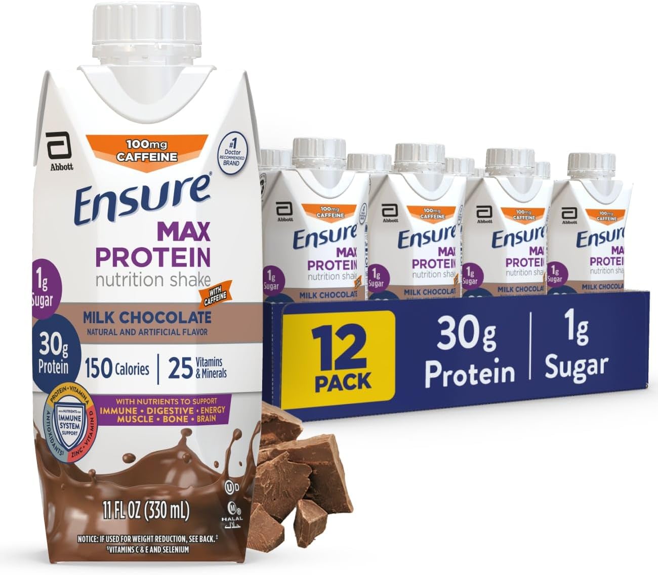 Ensure Max Protein Shake | Milk Chocolate | Ready to Drink | 30g Protein for Muscle Health | 1g Sugar, 4g Fiber | 11 fl oz, 12 Pack