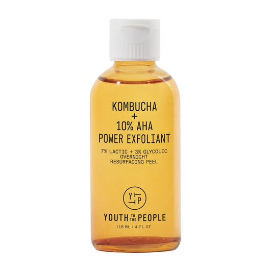 Youth To The People Kombucha + 10% AHA Power Exfoliant (4 fl oz), Overnight Resurfacing Peel, Helps Fade Discoloration + Smooth Skin Texture, Lactic + Glycolic Acid, Fragrance-free, Vegan