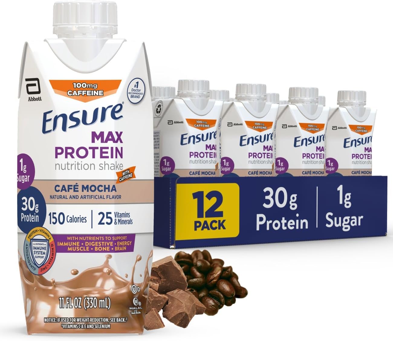 Ensure Max Protein Shake | Milk Chocolate | Ready to Drink | 30g Protein for Muscle Health | 1g Sugar, 4g Fiber | 11 fl oz, 12 Pack