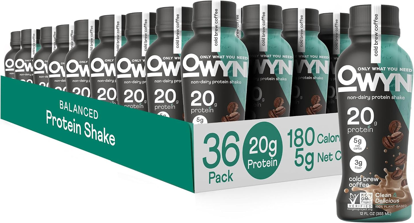 OWYN Only What You Need Vegan Plant Based Protein Shake, Cold Brew Coffee, 36 Pack, 20g Plant Protein, 148mg of Caffeine, Omega-3, Prebiotic Supplements, Gluten-Free, Soy-Free, Non-GMO
