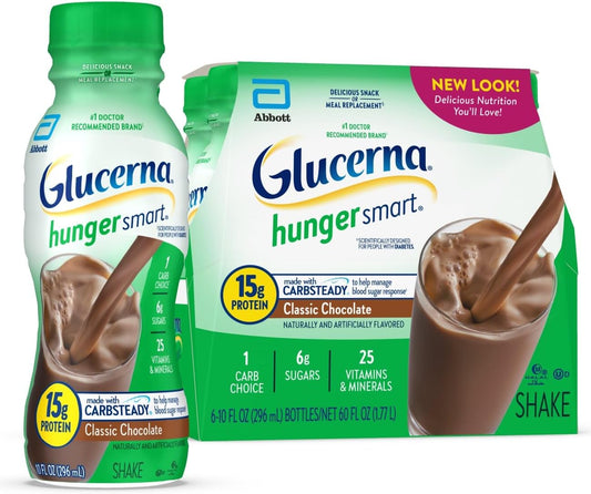 Glucerna Hunger Smart Diabetes Care Shake, Classic Chocolate, Diabetic Meal Replacement to Support Blood Sugar Management, 15g Protein, 180 Calories, Ready to Drink, 10-fl-oz Bottle, 6 Pack