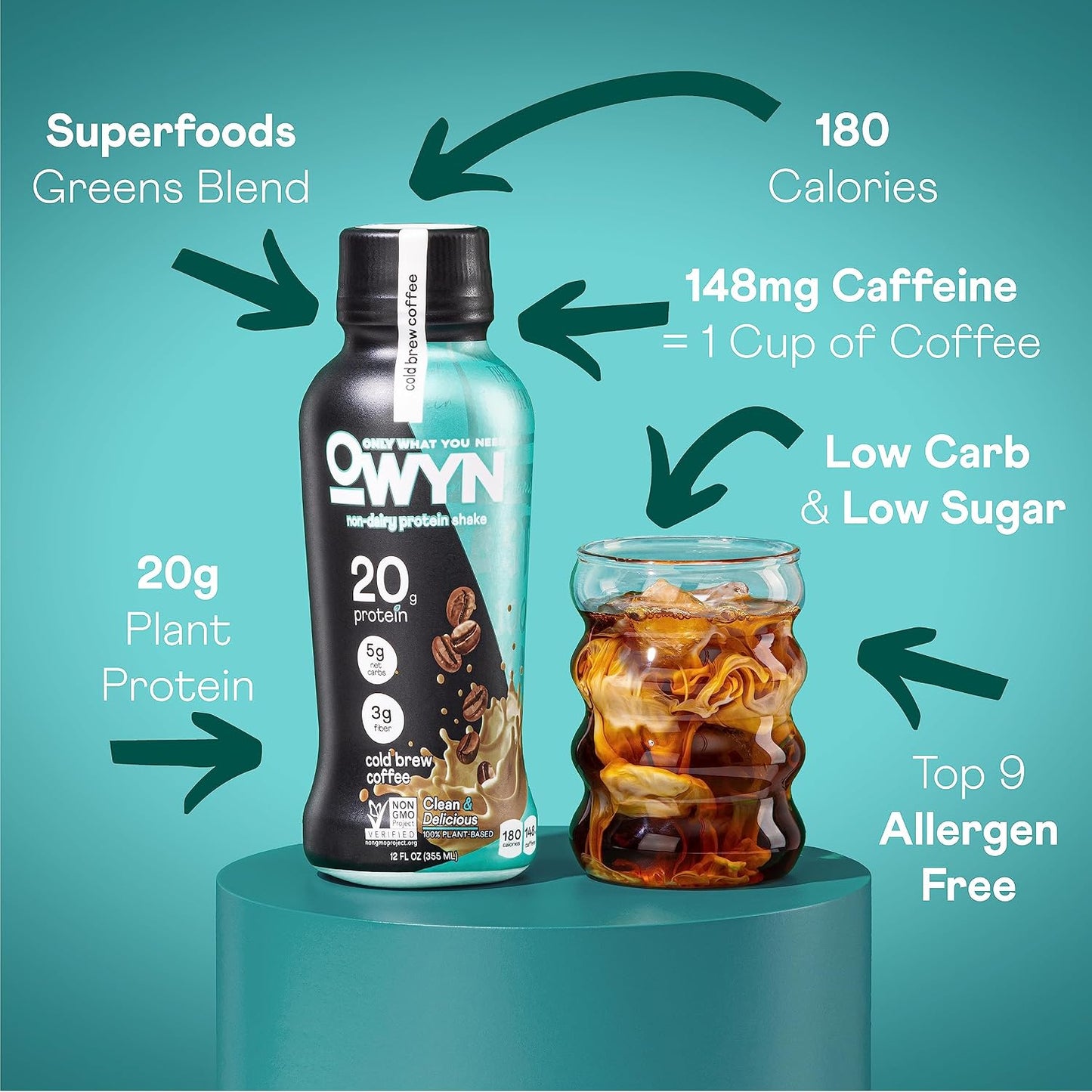 OWYN Only What You Need Vegan Plant Based Protein Shake, Cold Brew Coffee, 36 Pack, 20g Plant Protein, 148mg of Caffeine, Omega-3, Prebiotic Supplements, Gluten-Free, Soy-Free, Non-GMO